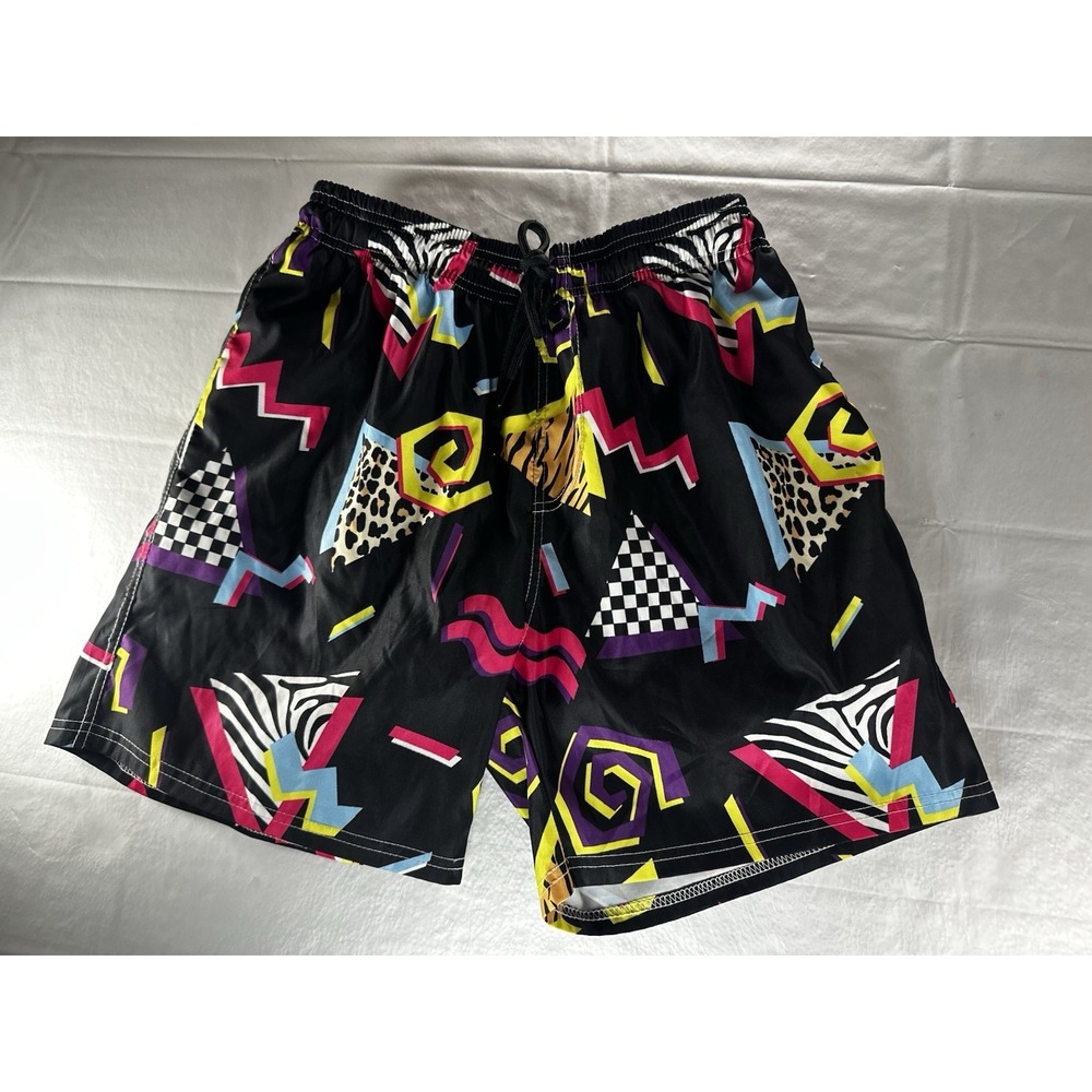 80s 90s Retro Style Geometric Swim Trunks Men's Size Small Black Neon Shorts‎